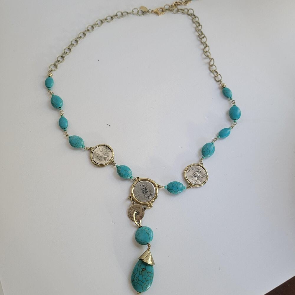 Chico's Turquoise Beaded Coin Necklace Y Drop Teardrop Pendant Boho Statement